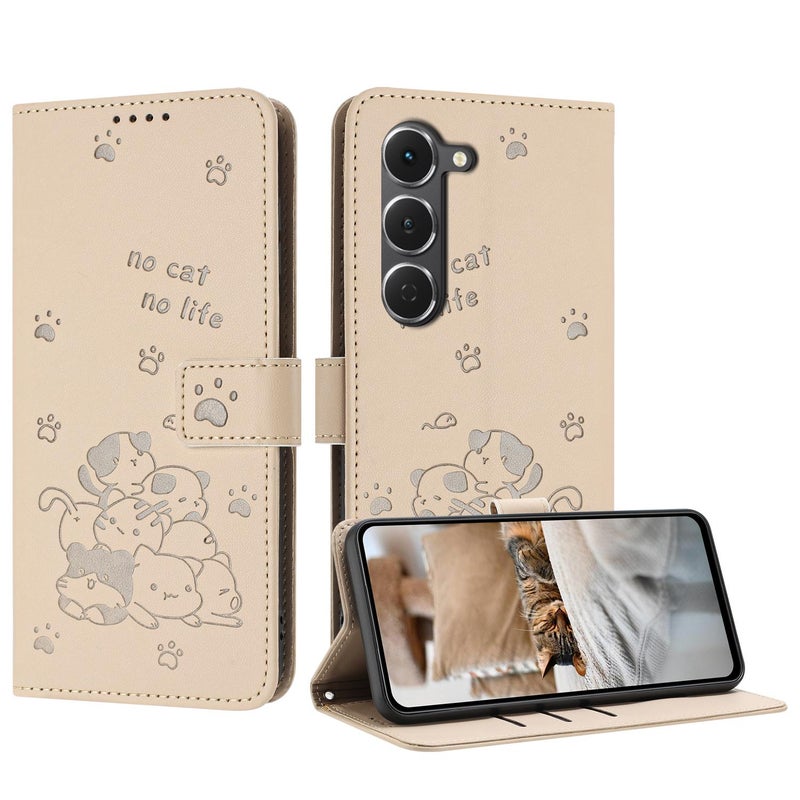erorex For Tecno Spark 40 Pro 4G Embossed Kitten Phone Leather Case with Lanyard(Beige) - Image 1