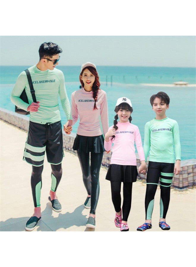 Parent-Child Swimsuit Diving Suit Split Swimsuit Father-Son Long Sleeve Trousers Men's And Women's Snorkeling Surfer Suit Female Skirt Jellyfish Suit-Color:Men's Green Three-piece Set- - Image 2