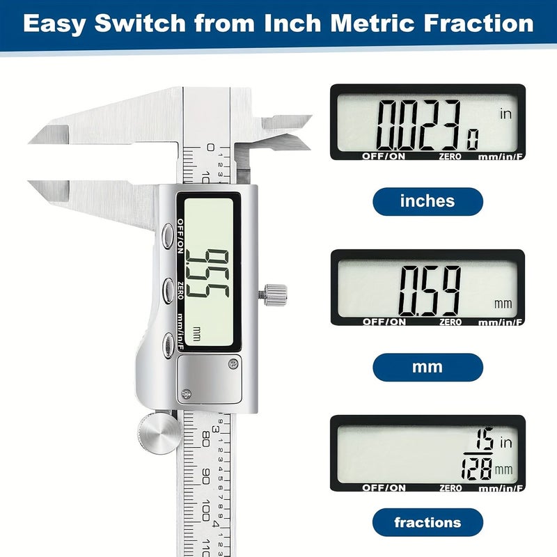 Digital Caliper 6 Inch Measuring Tool With Large LCD Screen Auto Off Inch Metric Fraction Switch - Image 4