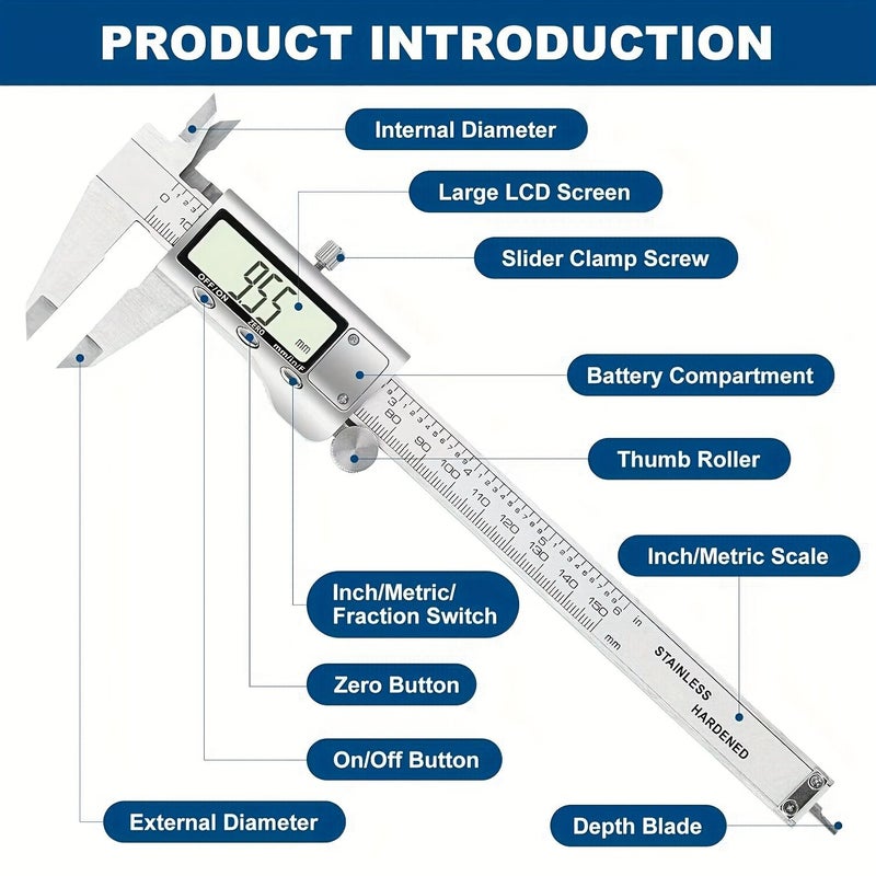 Digital Caliper 6 Inch Measuring Tool With Large LCD Screen Auto Off Inch Metric Fraction Switch - Image 5