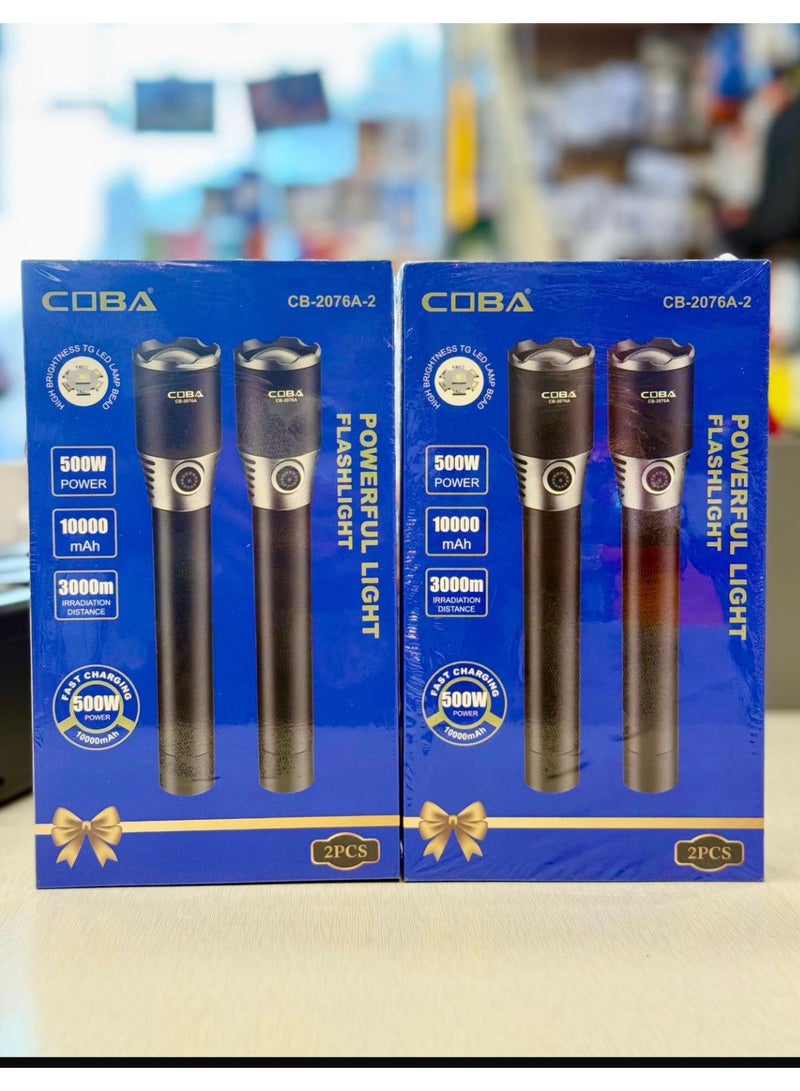 كوبا كشاف LED قابل لإعادة الشحن COBA CB-2076A-2 – إضاءة قوية 500 واط ببطارية 10000mAh ومدى 3000 متر مع زوم وخطاف تعليق - Image 2