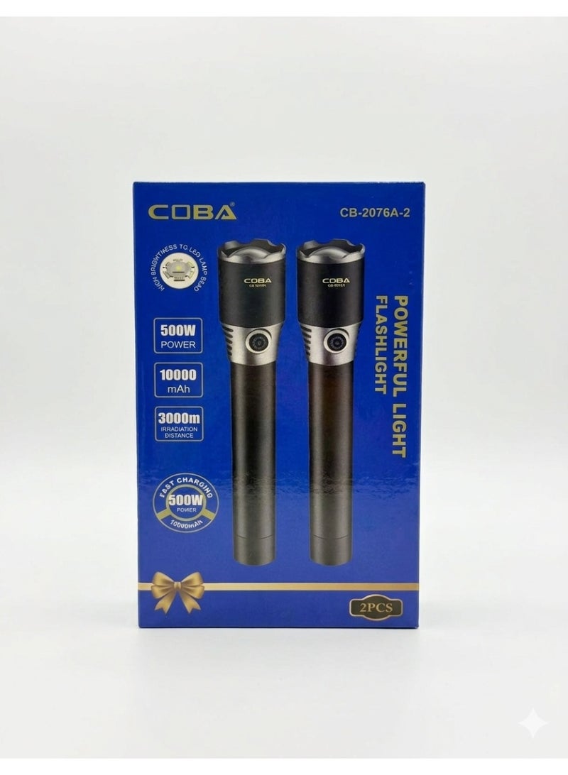 كوبا كشاف LED قابل لإعادة الشحن COBA CB-2076A-2 – إضاءة قوية 500 واط ببطارية 10000mAh ومدى 3000 متر مع زوم وخطاف تعليق - Image 3