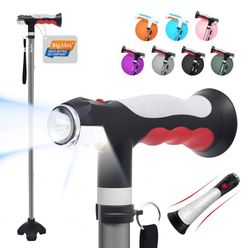BigAlex Folding Walking Cane with Two Led Lights for Elderly Solid Base Adjustable Walking Stick with Carrying Bag for Men Women - Image 2