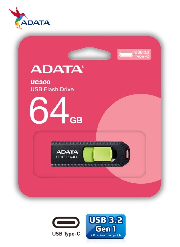 ADATA - UC300 64GB USB 3.2 Gen 1 Type-C Flash Drive | Lightweight and Fast Data Transfer | Green Black - Image 1
