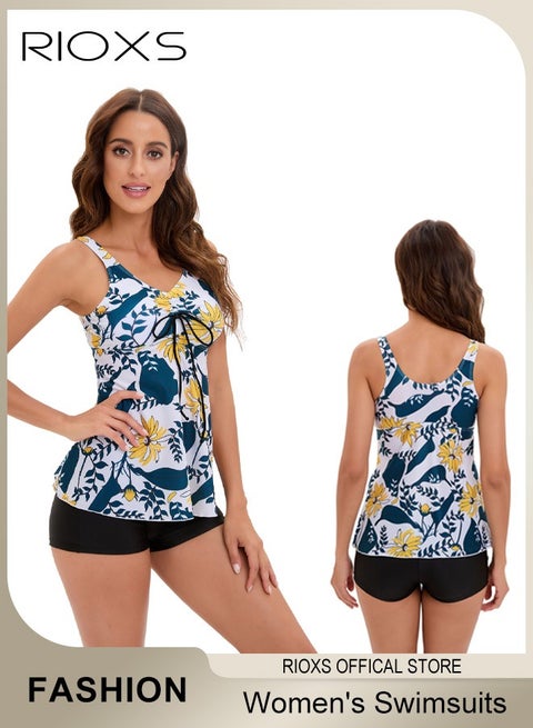Womens Tankini Swimsuits Two Piece Tummy Control Bathing Suits Ruffle Swim Tank Top with Shorts Swimwear