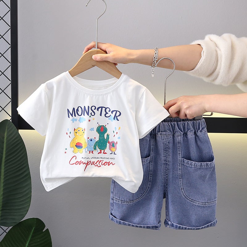 Boys Summer Short-Sleeved Suit Summer Stylish Fashionable Internet Celebrity Fried Street Baby Summer Denim Shorts - Image 3