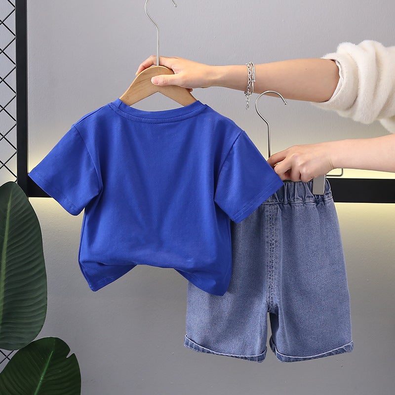 Boys Summer Short-Sleeved Suit Summer Stylish Fashionable Internet Celebrity Fried Street Baby Summer Denim Shorts - Image 5