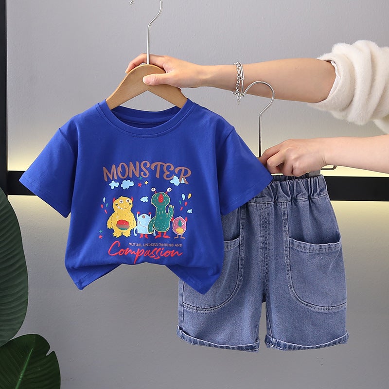 Boys Summer Short-Sleeved Suit Summer Stylish Fashionable Internet Celebrity Fried Street Baby Summer Denim Shorts - Image 1