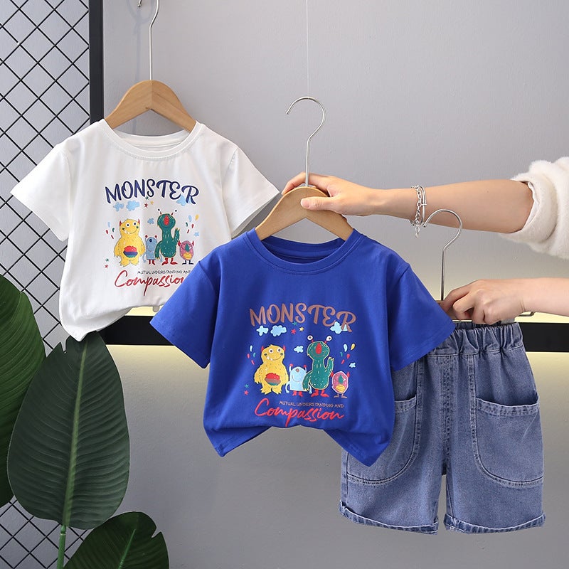 Boys Summer Short-Sleeved Suit Summer Stylish Fashionable Internet Celebrity Fried Street Baby Summer Denim Shorts - Image 2