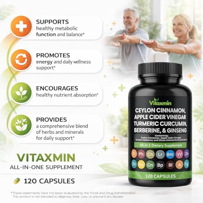 vitaxmin Ceylon Cinnamon Capsules with Berberine, Apple Cider Vinegar, Turmeric Curcumin, Chromium, Gymnema Sylvestre, Ginseng - Daily Wellness Supplement 120 Caps Made in USA - Image 5