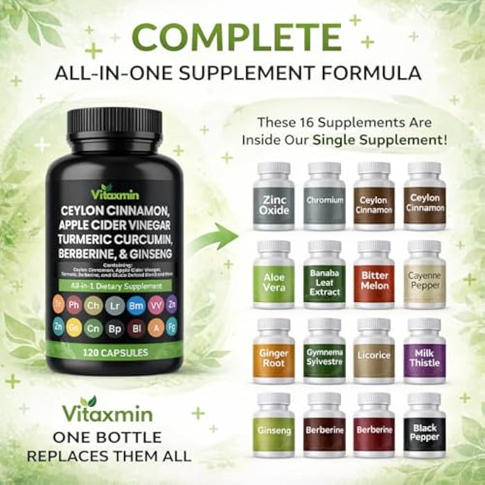 vitaxmin Ceylon Cinnamon Capsules with Berberine, Apple Cider Vinegar, Turmeric Curcumin, Chromium, Gymnema Sylvestre, Ginseng - Daily Wellness Supplement 120 Caps Made in USA - Image 4
