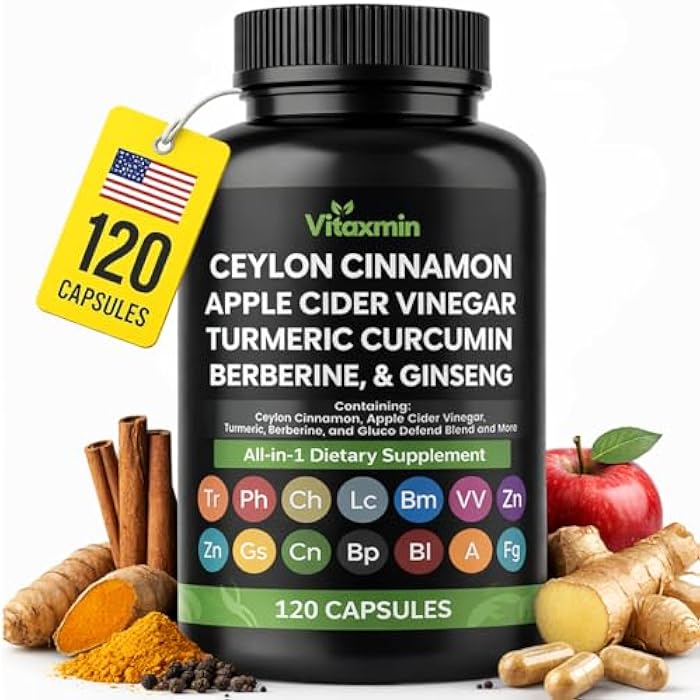 vitaxmin Ceylon Cinnamon Capsules with Berberine, Apple Cider Vinegar, Turmeric Curcumin, Chromium, Gymnema Sylvestre, Ginseng - Daily Wellness Supplement 120 Caps Made in USA - Image 1