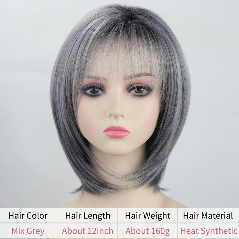 RENERSHOW Ombre Grey Highlight Layered Short Bob Wig with Bangs for White Women Synthetic Salt and Pepper Wig Chin Length Mix Gray Straight Bob Wig for Daily Party - Image 2