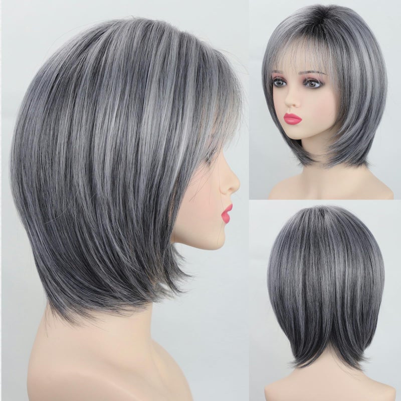 RENERSHOW Ombre Grey Highlight Layered Short Bob Wig with Bangs for White Women Synthetic Salt and Pepper Wig Chin Length Mix Gray Straight Bob Wig for Daily Party - Image 1