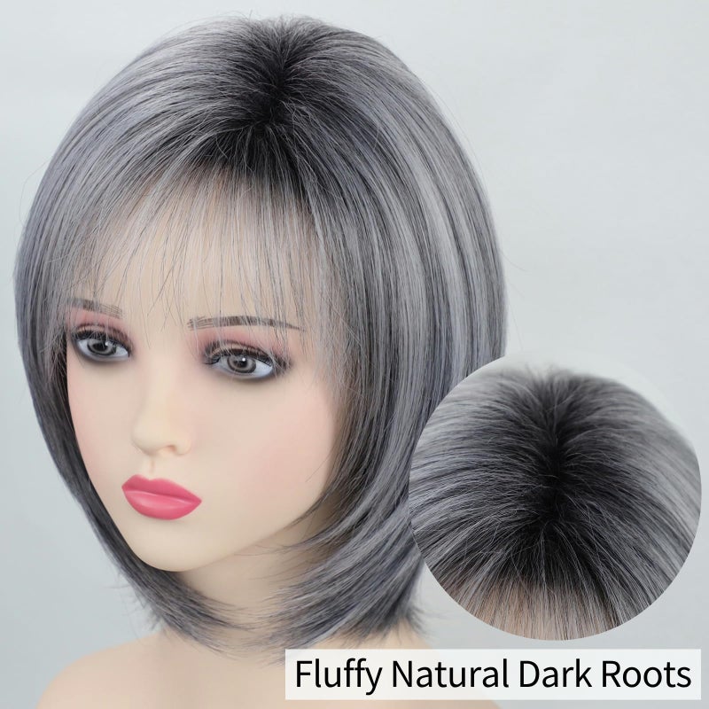 RENERSHOW Ombre Grey Highlight Layered Short Bob Wig with Bangs for White Women Synthetic Salt and Pepper Wig Chin Length Mix Gray Straight Bob Wig for Daily Party - Image 4