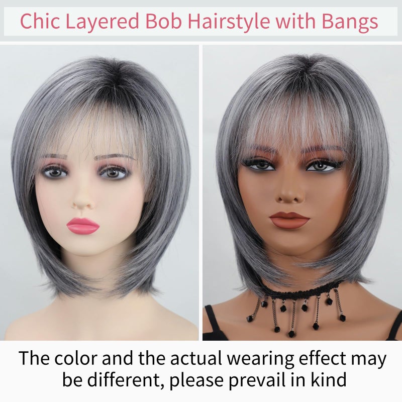 RENERSHOW Ombre Grey Highlight Layered Short Bob Wig with Bangs for White Women Synthetic Salt and Pepper Wig Chin Length Mix Gray Straight Bob Wig for Daily Party - Image 5
