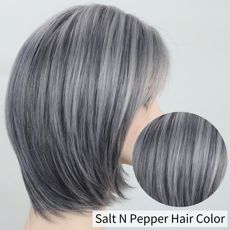 RENERSHOW Ombre Grey Highlight Layered Short Bob Wig with Bangs for White Women Synthetic Salt and Pepper Wig Chin Length Mix Gray Straight Bob Wig for Daily Party - Image 3
