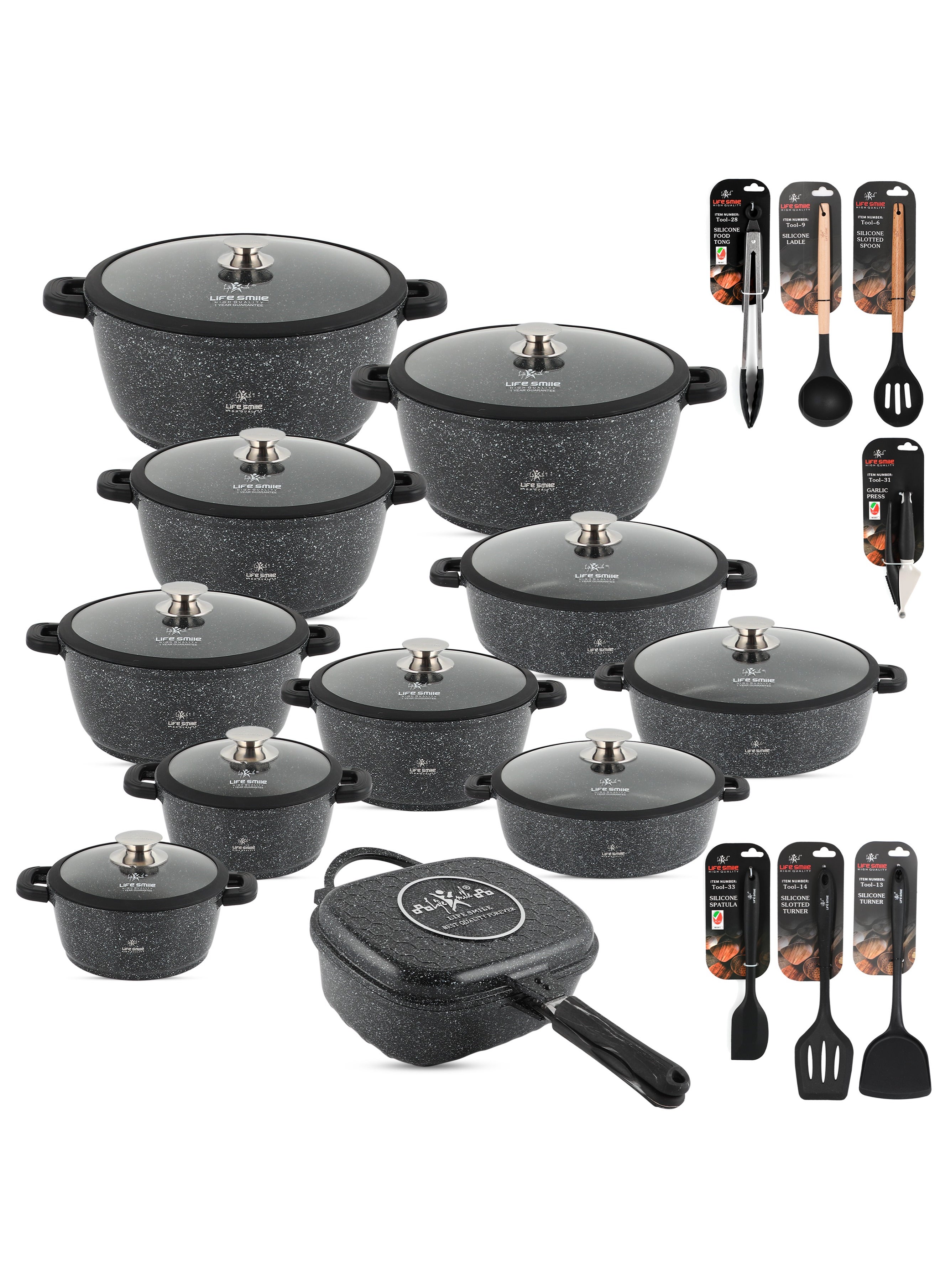 Cookware Set - 49 Pieces Pots and Pans set Granite Non Stick Coating 100% PFOA FREE, Induction Base Cooking Set with Removable Silicone Handles - Oven Safe (Black) 