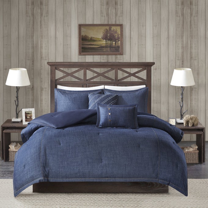 RUSTIC LODGE CABIN COMFORTER SET ALL SEASON DOWN ALTERNATIVE WARM BEDDING LAYER AND MATCHING SHAMS OVERSIZED QUEEN PERRY DENIM BLUE