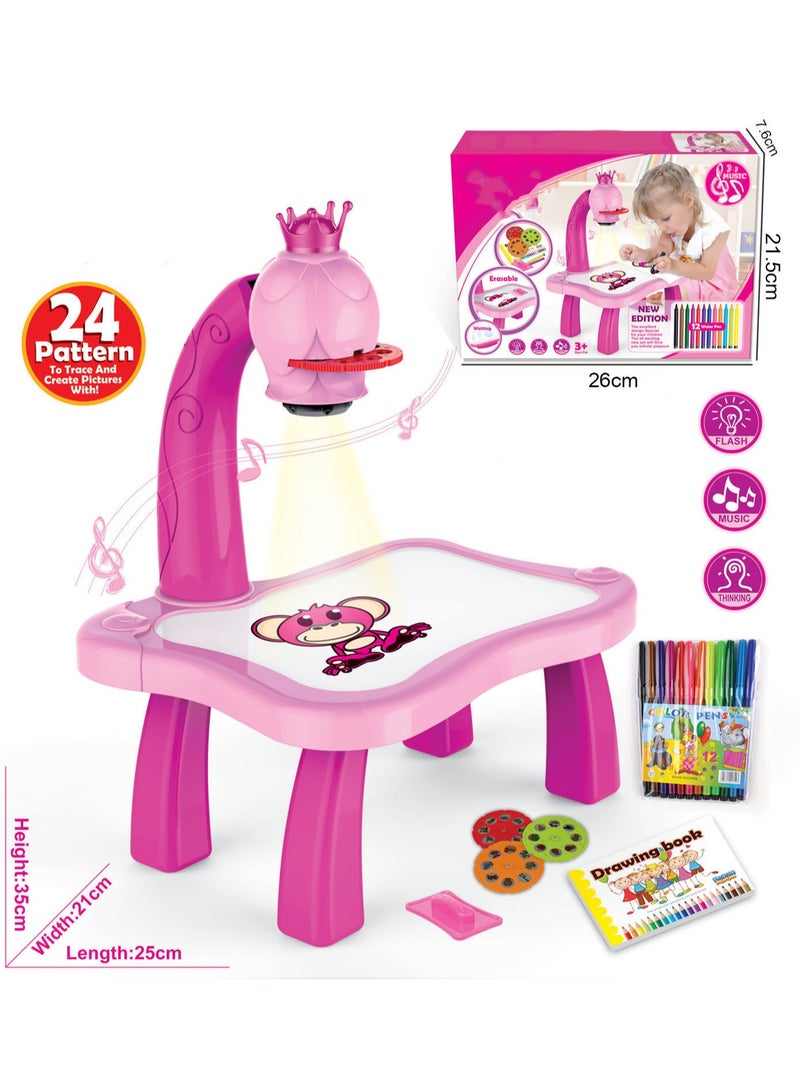 Pink Projection Table, Children'S Drawing Projector With Flashlight Slide Projector Toy, Tracing Sketch Table With Light Music, Suitable For Early Art Learning Game Gifts - Image 2