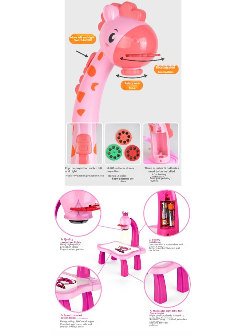 Pink Projection Table, Children'S Drawing Projector With Flashlight Slide Projector Toy, Tracing Sketch Table With Light Music, Suitable For Early Art Learning Game Gifts - Image 3