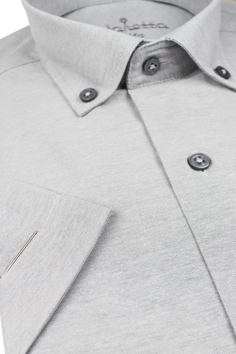 فاريتا Men's Gray Short Sleeved Classic Cut Collar Buttoned Cotton Satin Shirt