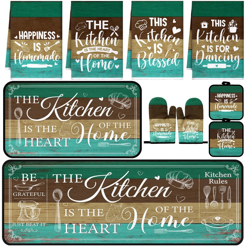 Fourluoo 10 Pcs Farmhouse Kitchen Decor and Accessories Set 4 Kitchen Towels 2 Pot Holders 2 Oven Mitts 2 Rugs for Cooking Baking Mom Housewarming Gifts(Green,Classic Style) - Image 1
