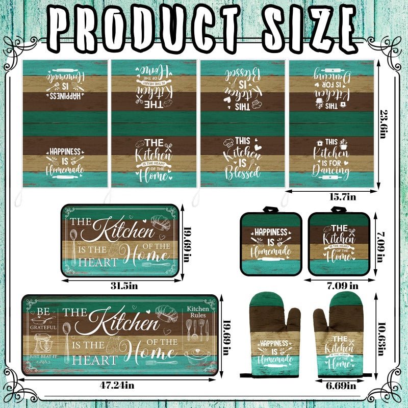 Fourluoo 10 Pcs Farmhouse Kitchen Decor and Accessories Set 4 Kitchen Towels 2 Pot Holders 2 Oven Mitts 2 Rugs for Cooking Baking Mom Housewarming Gifts(Green,Classic Style) - Image 3