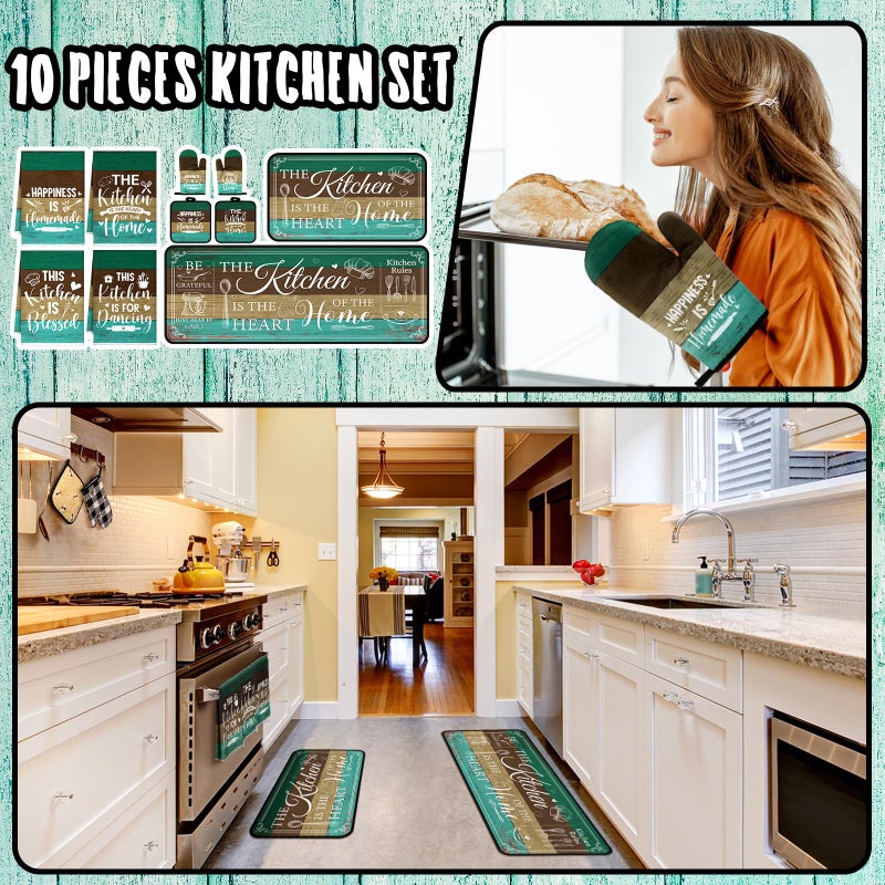 Fourluoo 10 Pcs Farmhouse Kitchen Decor and Accessories Set 4 Kitchen Towels 2 Pot Holders 2 Oven Mitts 2 Rugs for Cooking Baking Mom Housewarming Gifts(Green,Classic Style) - Image 2
