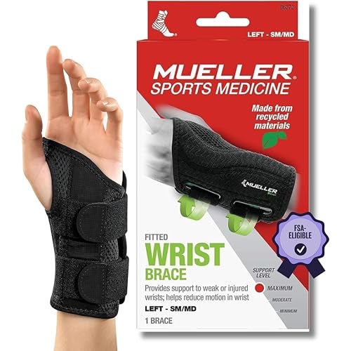 MUELLER Sports Medicine Green Fitted Wrist Brace for Men and Women Wrist Pain Relief Support Ideal for Carpal Tunnel Tendonitis Arthritis Left Hand Black SmallMedium