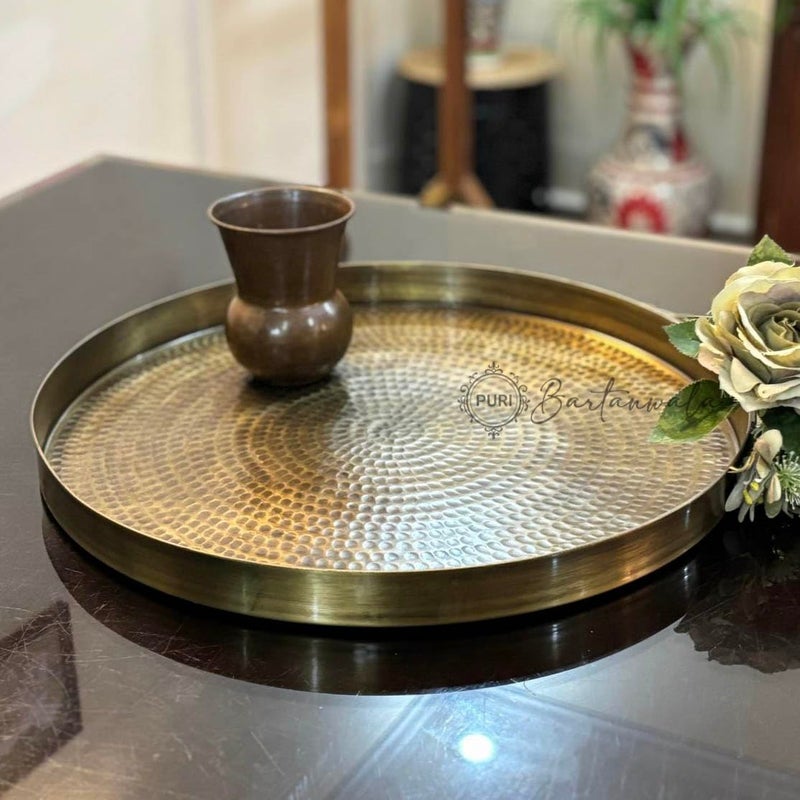 Puri Bartanwala BrassPital Hammered Design Tray in Antique Finish 41 cm16 Inch - Image 1