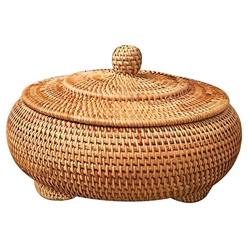 KODENG Round Rattan Boxes with Lid HandWoven MultiPurpose Wicker Tray 11 Inch Picnic Food Bread Table Storage Basket 28x13cm