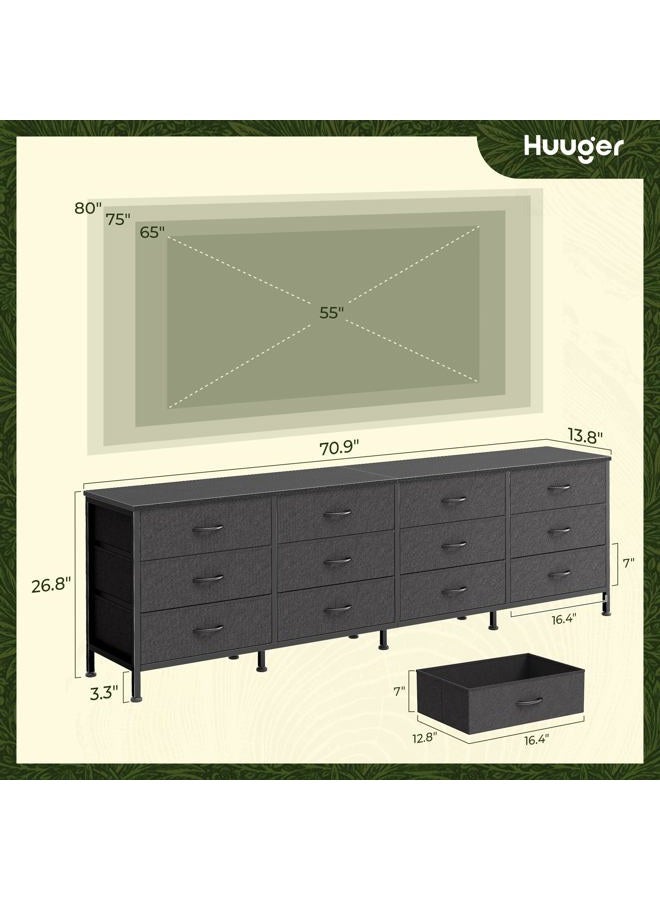 Huuger 70 Inch Black Dresser for Bedroom, TV Stand for 65, 75, 80 Inch TV, 12 Fabric Drawer Long Dresser, Wide Chest of Drawer, Storage Units for Living Room - Image 3