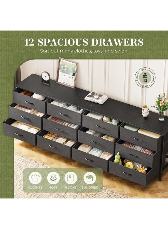 Huuger 70 Inch Black Dresser for Bedroom, TV Stand for 65, 75, 80 Inch TV, 12 Fabric Drawer Long Dresser, Wide Chest of Drawer, Storage Units for Living Room - Image 4