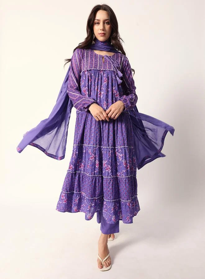 آي شين طقم تونيك نسائي قطن بنفسجي بنقوش بالازو عادي