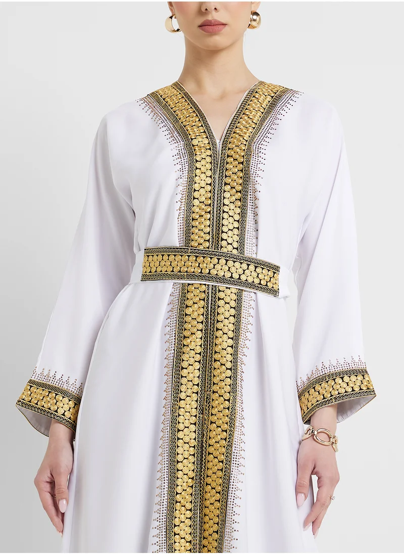 ARABIAN CLOSET Embroidered Open Abaya Wih Belt