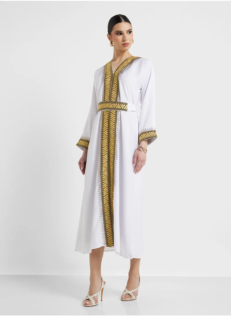 ARABIAN CLOSET Embroidered Open Abaya Wih Belt