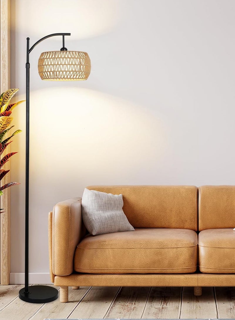 Sharpdo Boho Arc Tricolor Dimmable LED Floor Lamp With Remote Control Retro Tall Pole Standing Lamp With Rattan Fabric Double Drum Shade For Living Room Bedroom Corridor 12W - Image 2