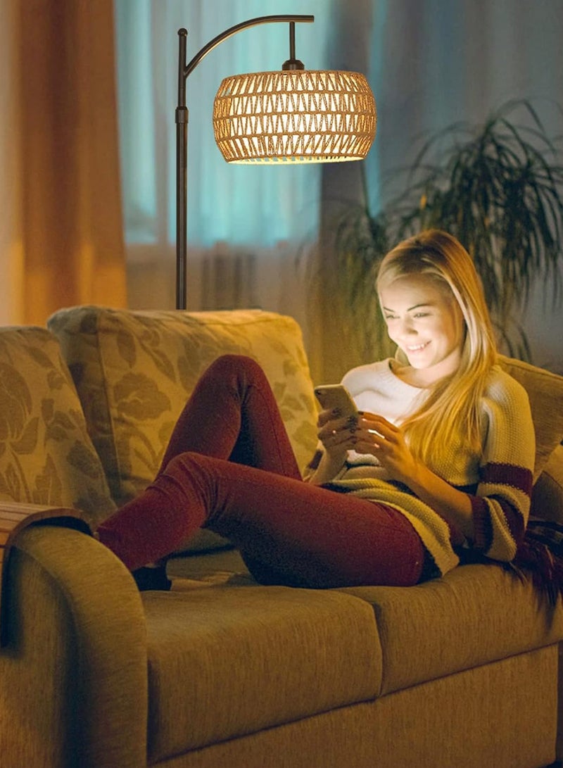 Sharpdo Boho Arc Tricolor Dimmable LED Floor Lamp With Remote Control Retro Tall Pole Standing Lamp With Rattan Fabric Double Drum Shade For Living Room Bedroom Corridor 12W - Image 3