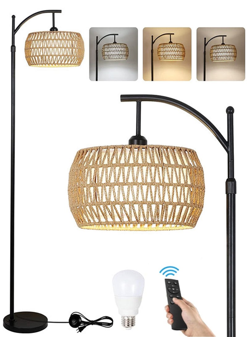 Sharpdo Boho Arc Tricolor Dimmable LED Floor Lamp With Remote Control Retro Tall Pole Standing Lamp With Rattan Fabric Double Drum Shade For Living Room Bedroom Corridor 12W - Image 1