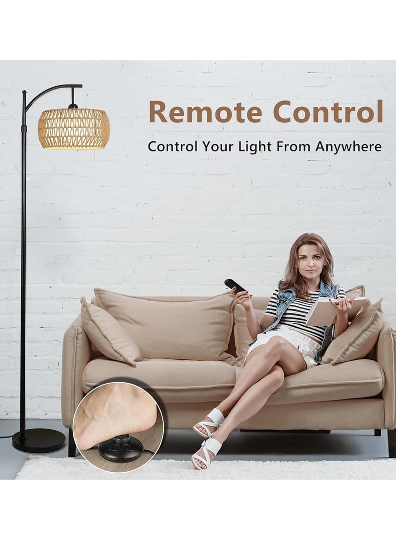 Sharpdo Boho Arc Tricolor Dimmable LED Floor Lamp With Remote Control Retro Tall Pole Standing Lamp With Rattan Fabric Double Drum Shade For Living Room Bedroom Corridor 12W - Image 5