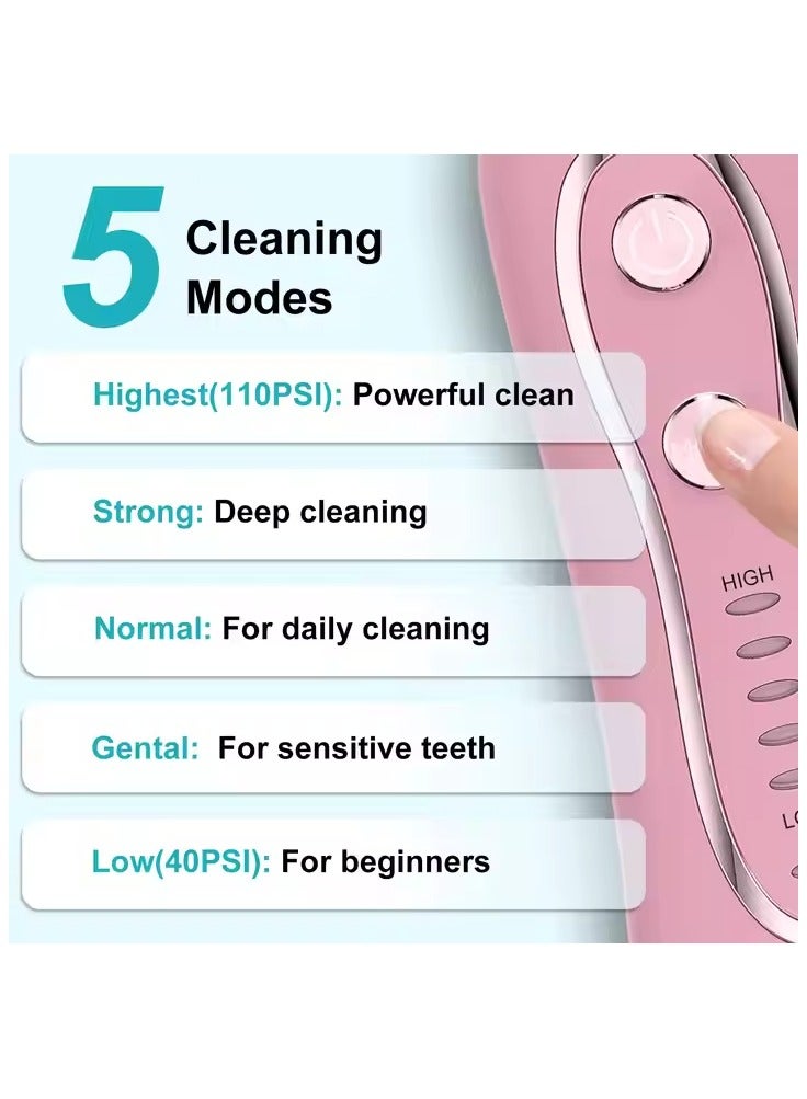 Filly Water Flosser For Teeth Cordless 300Ml Portable Oral Irrigator Flosser 5 Cleaning Modes And 5 Jet Tips, Ipx7 Waterproof - Pink - Image 2