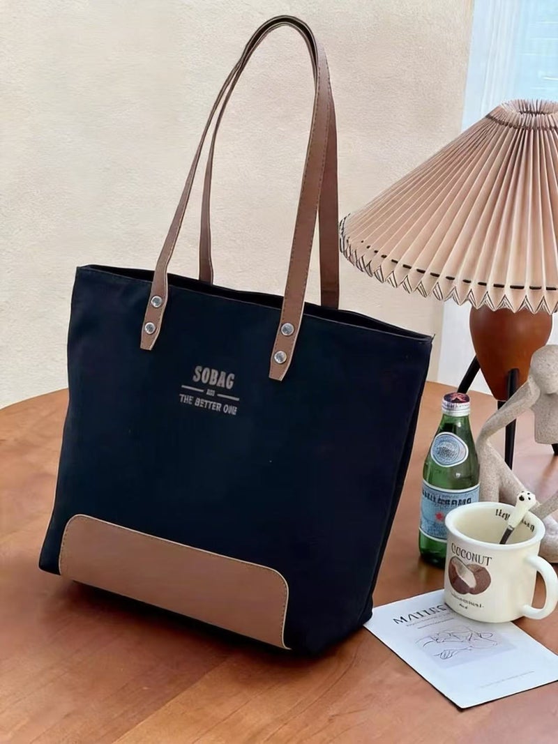 2026 New Large-Capacity Color-Block Canvas Tote Bag for Commute, Fashionable, Lightweight, Women - Image 5