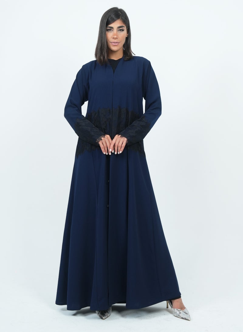 Rosette Abaya Stylish Dark Navy Abaya with Dantel Embellishments - Image 1