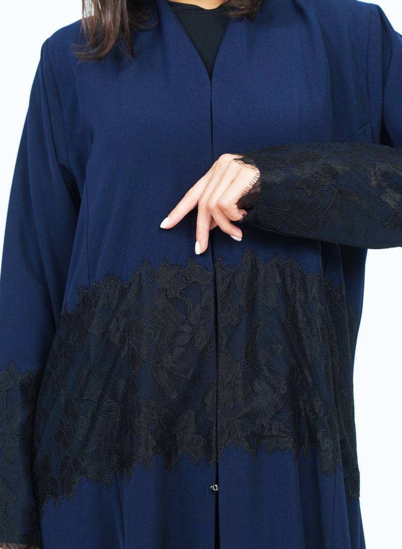 Rosette Abaya Stylish Dark Navy Abaya with Dantel Embellishments - Image 2
