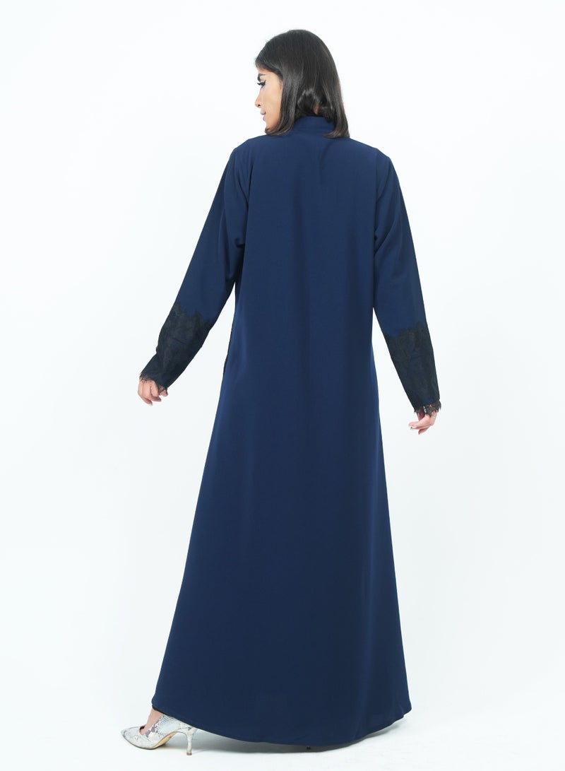 Rosette Abaya Stylish Dark Navy Abaya with Dantel Embellishments - Image 3