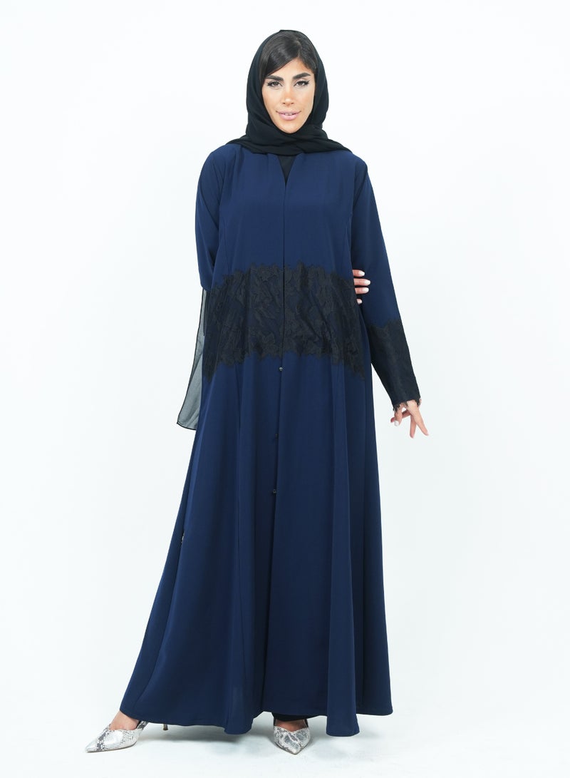 Rosette Abaya Stylish Dark Navy Abaya with Dantel Embellishments - Image 4