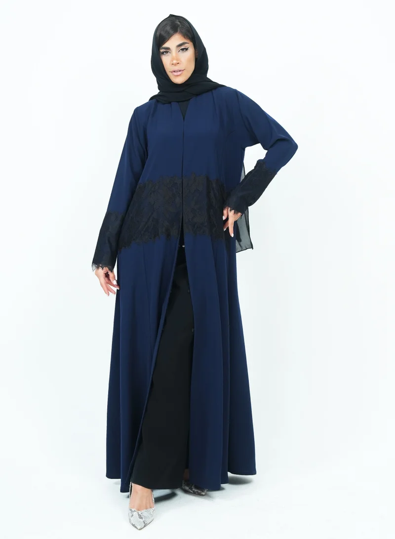 Rosette Abaya Blue Dantel Embellished abaya