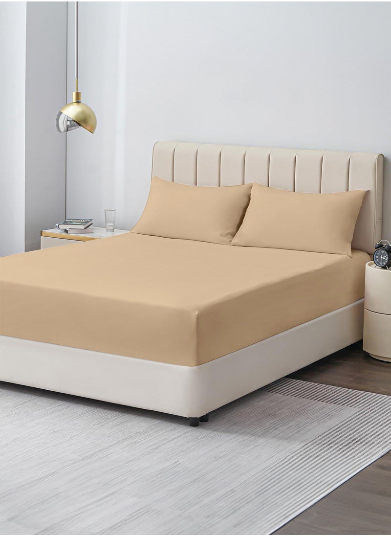 American Linen - Double Plain Fitted Sheet with 2 Pillow Case 160 x 200 Cm Beige - Image 1