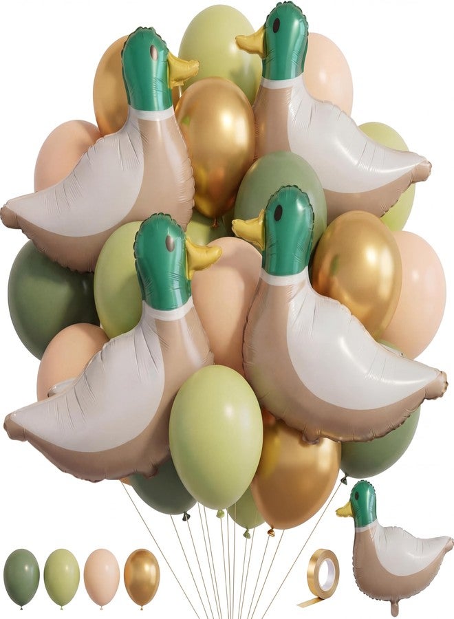 PullCrease 56 Pcs 28.3'' Mallard Duck Party Decorations Kit Green and Brown Foil Balloons for One Lucky Duck Hunting Birthday Party Decoration Supplies - Image 1